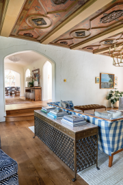 When fine artist (and neighbor Greta Krueger restored the ornate painted ceiling, she made a fun discovery: The beams are plaster, not wood.