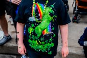 Images from downtown Indy's St. Patrick's day parade - a graphic tee with a unicorn