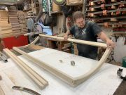 Custom curved window being framed. Renovated by Mina, as seen on Good Bones: Risky Business, Season 1.