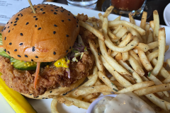 Fried chicken sandwich and truffle fries from Jolly Pumpkin in Ann Arbor