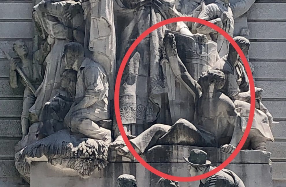 An image of a "freed slave" wasn't in the original design of a group of sculptures on the west-facing side of The Soldiers and Sailors Monument known as “Peace.”