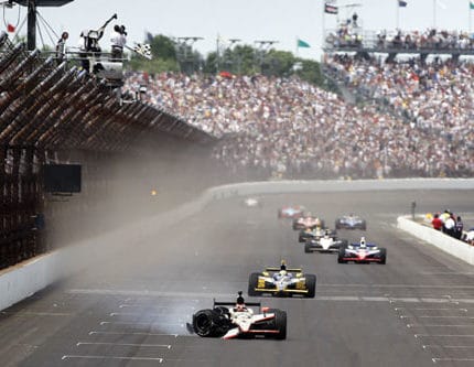 JR Hildebrand skids to the finish line in a badly damaged car at the end of last year’s 500.