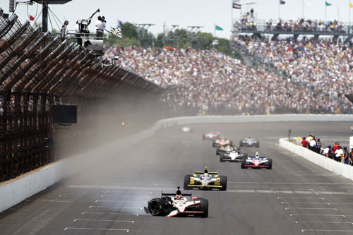 JR Hildebrand skids to the finish line in a badly damaged car at the end of last year’s 500.