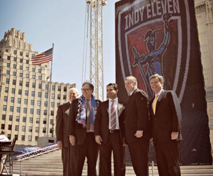 From left: Brigadier General J. Stewart Goodwin, Wilt, Ozdemir, Mayor Ballard, and Murray Clark of Indiana Soccer (Photo courtesy Indy Eleven/Krugervisuals.com)