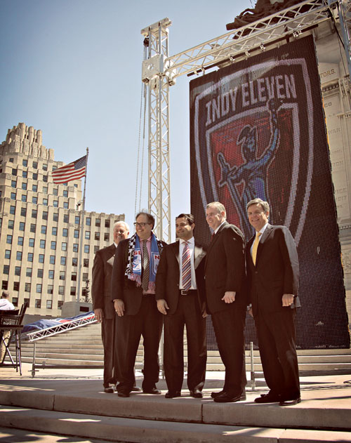 From left: Brigadier General J. Stewart Goodwin, Wilt, Ozdemir, Mayor Ballard, and Murray Clark of Indiana Soccer (Photo courtesy Indy Eleven/Krugervisuals.com)