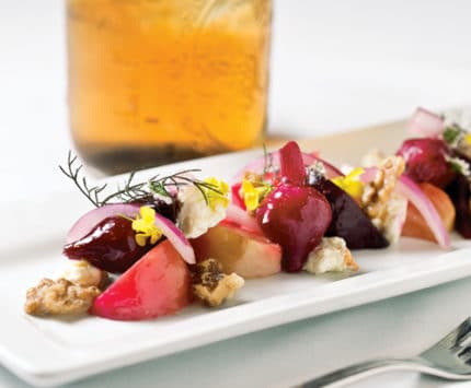 The Loft Restaurant at Traders Point Creamery: Roasted-beet salad with pickled onions and candied walnuts. (Photo by Tony Valainis)