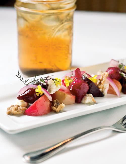 The Loft Restaurant at Traders Point Creamery: Roasted-beet salad with pickled onions and candied walnuts. (Photo by Tony Valainis)