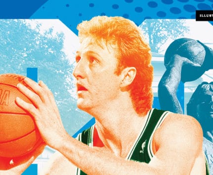 Larry Bird shooting with an illustration behind