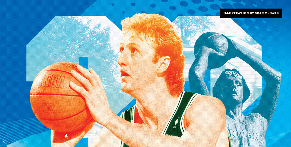 Larry Bird shooting with an illustration behind