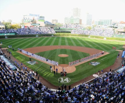 CHICAGO, IL - OCTOBER 12: A general view of Wrigley Field during the national anthem prior to game three of the National League Division Series between the Chicago Cubs and the St. Louis Cardinals on October 12, 2015 in Chicago, Illinois. (Photo by David Banks/Getty Images)