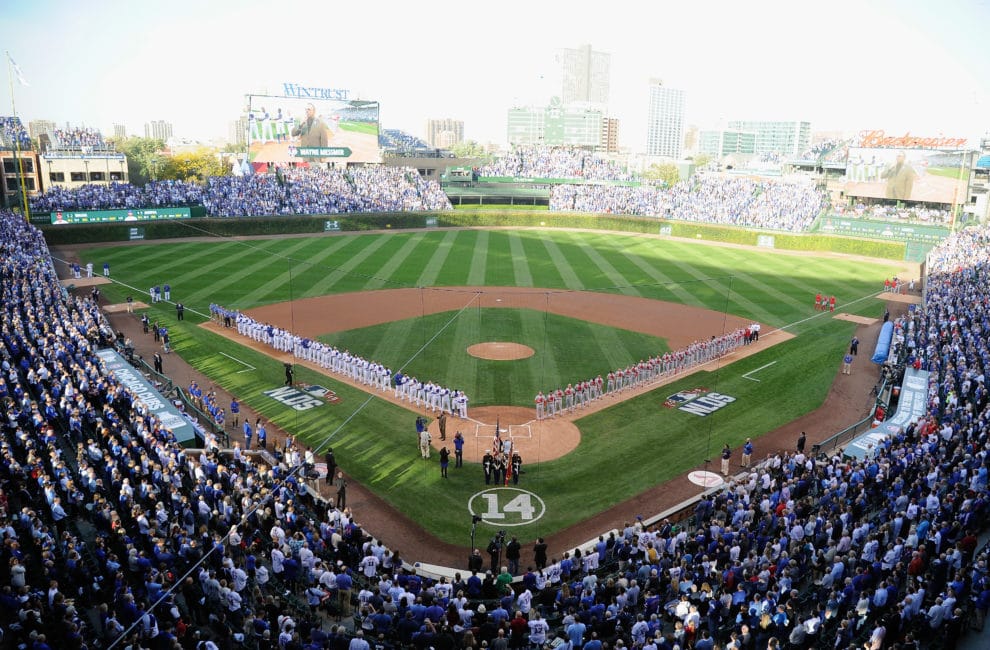 CHICAGO, IL - OCTOBER 12: A general view of Wrigley Field during the national anthem prior to game three of the National League Division Series between the Chicago Cubs and the St. Louis Cardinals on October 12, 2015 in Chicago, Illinois. (Photo by David Banks/Getty Images)