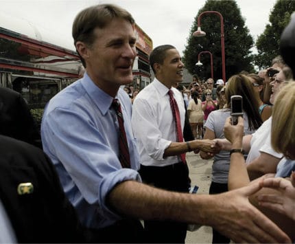 Senator Bayh on the campaign trail with Barack Obama in August 2008.