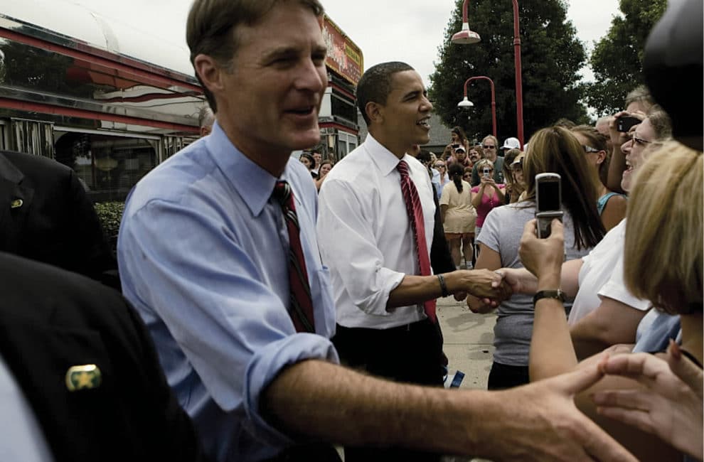 Senator Bayh on the campaign trail with Barack Obama in August 2008.