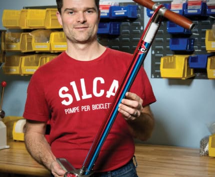 Josh Poertner with his $450 Silca SuperPista Ultimate bike pump.