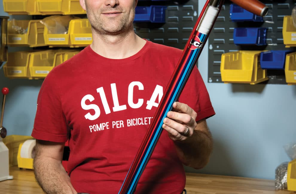 Josh Poertner with his $450 Silca SuperPista Ultimate bike pump.