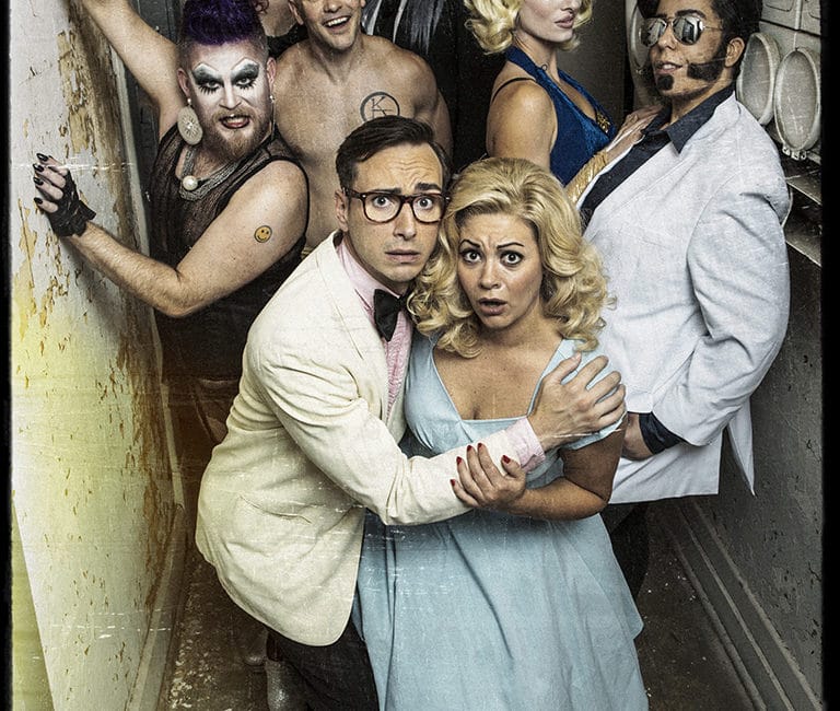 The cast of Rocky Horror Show, L to R, First Row: Tim Hunt (Brad), Betsy Norton (Janet). Second Row: Scott Keith (Frank N Furter), Joe Doyel (Rocky Horror), Erin Becker (Columbia), Joanna Winston (Eddie). Third Row: Claire Wilcher (Magenta), Craig Underwood (Riff Raff).