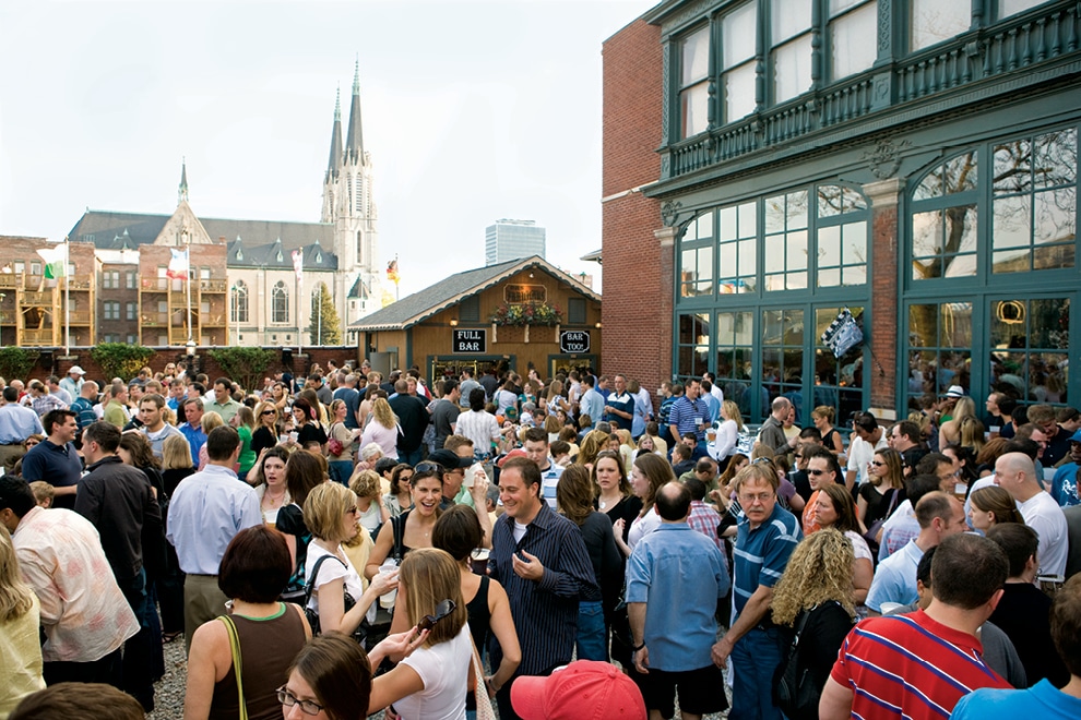 Crowd at the Rathskeller outside bier garden