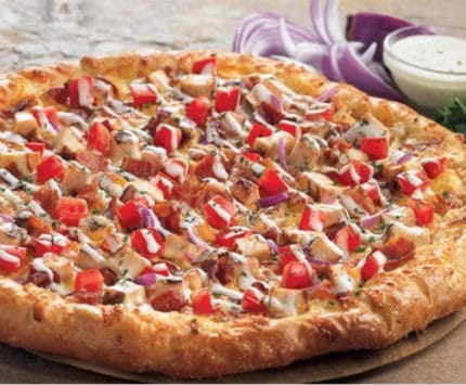 pizza with tomatoes, onion, and chicken from BJ's Restaurant