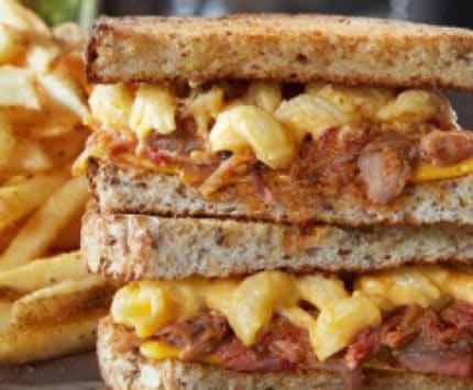 Bar Louie macaroni and cheese and pork sandwich