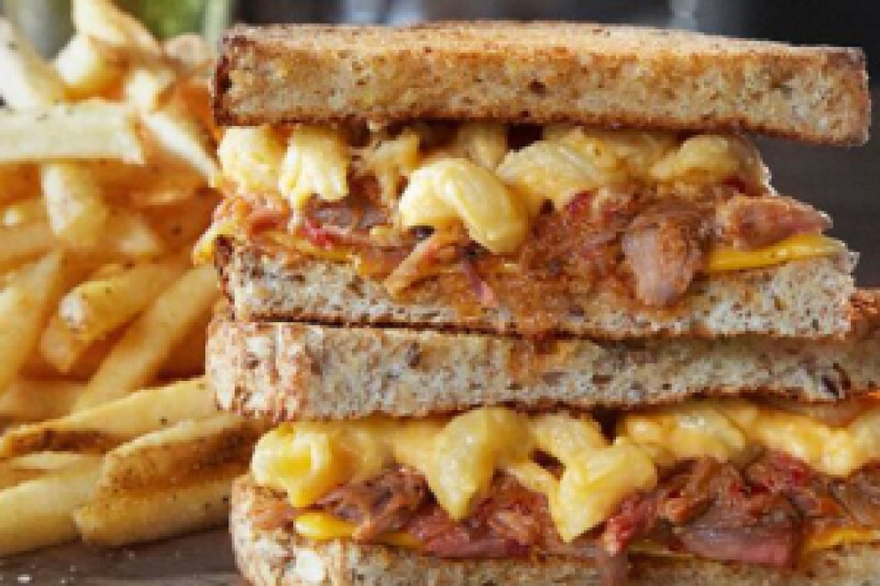 Bar Louie macaroni and cheese and pork sandwich