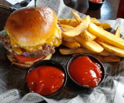 burger and fries from Brockway Public House