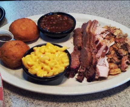 barbecue, mac n' cheese, and fried biscuits from Squealers