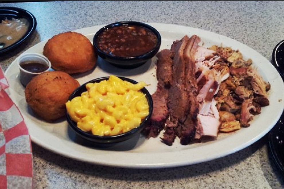 barbecue, mac n' cheese, and fried biscuits from Squealers