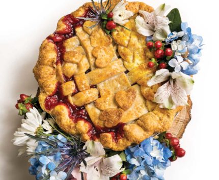 A wedding pie festooned with flowers