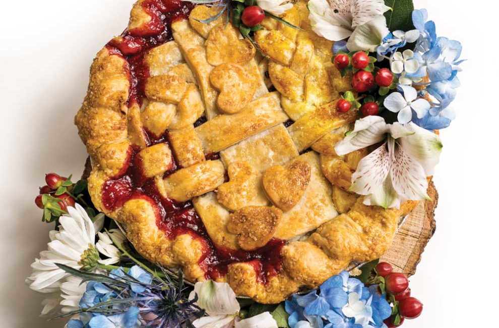 A wedding pie festooned with flowers