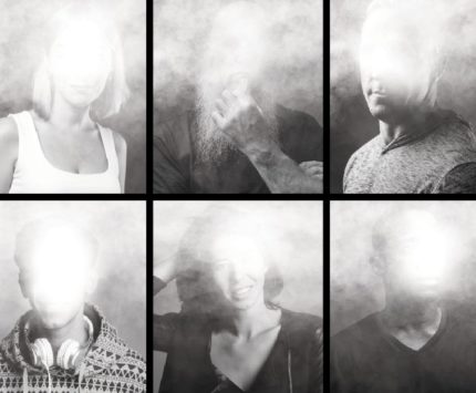 Black and white images of anonymous people with their heads covered by smoke.