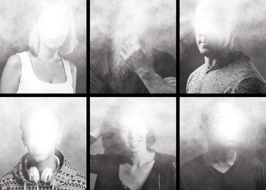 Black and white images of anonymous people with their heads covered by smoke.