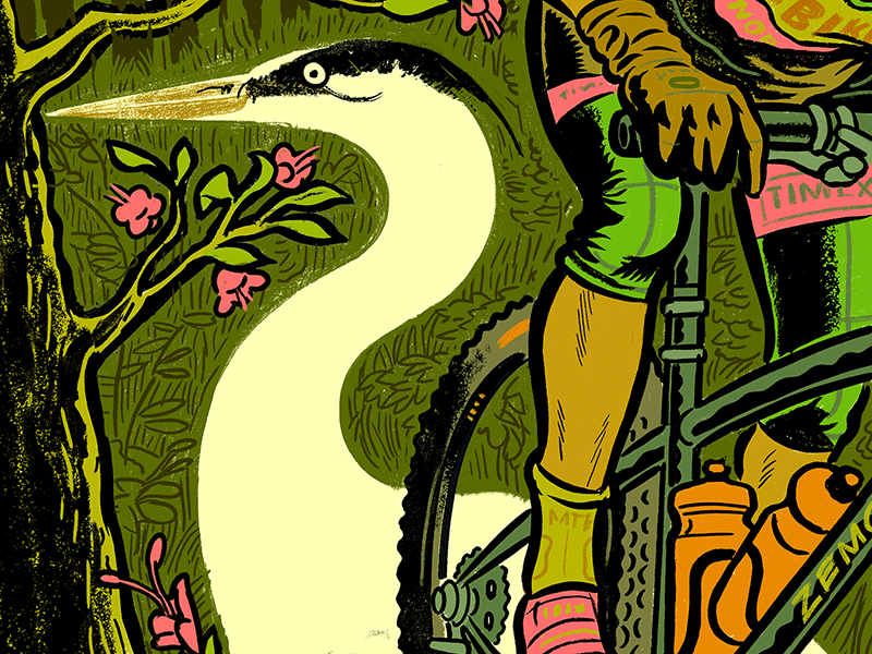 Illustration of a cyclist riding on a trail that also looks like a crane.