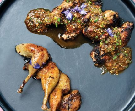 Tiny grilled quail quarters and wings ignited with habanero- lapsang-tea salsa.