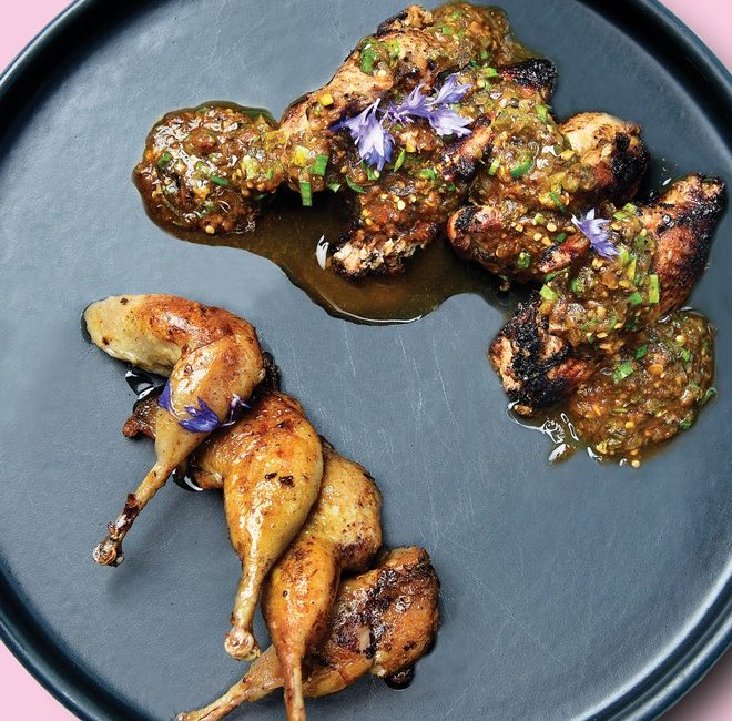 Tiny grilled quail quarters and wings ignited with habanero- lapsang-tea salsa.