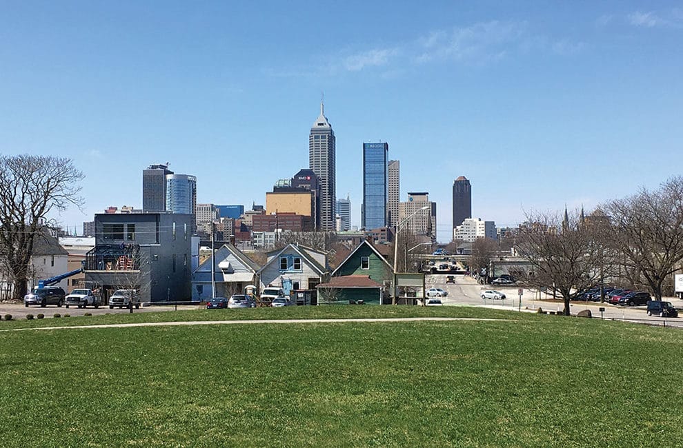 A green park overlooks downtown Indianapolis