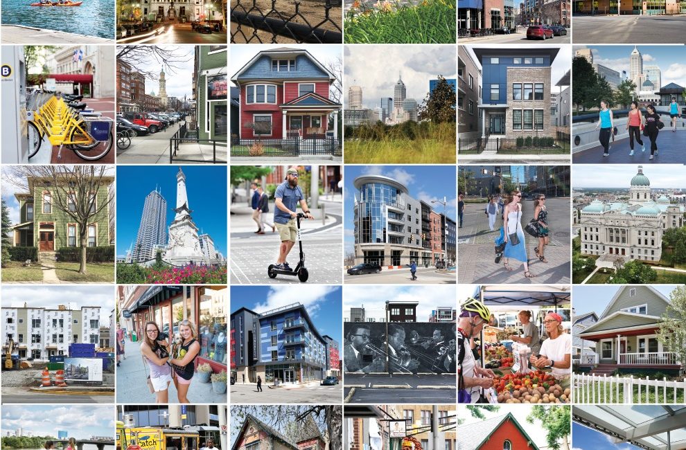 A collage of buildings that represent downtown Indianapolis.