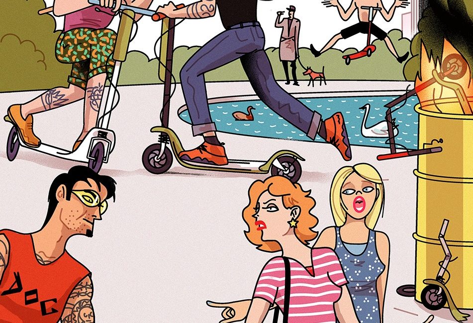 Illustration showing young people riding electronic scooters.