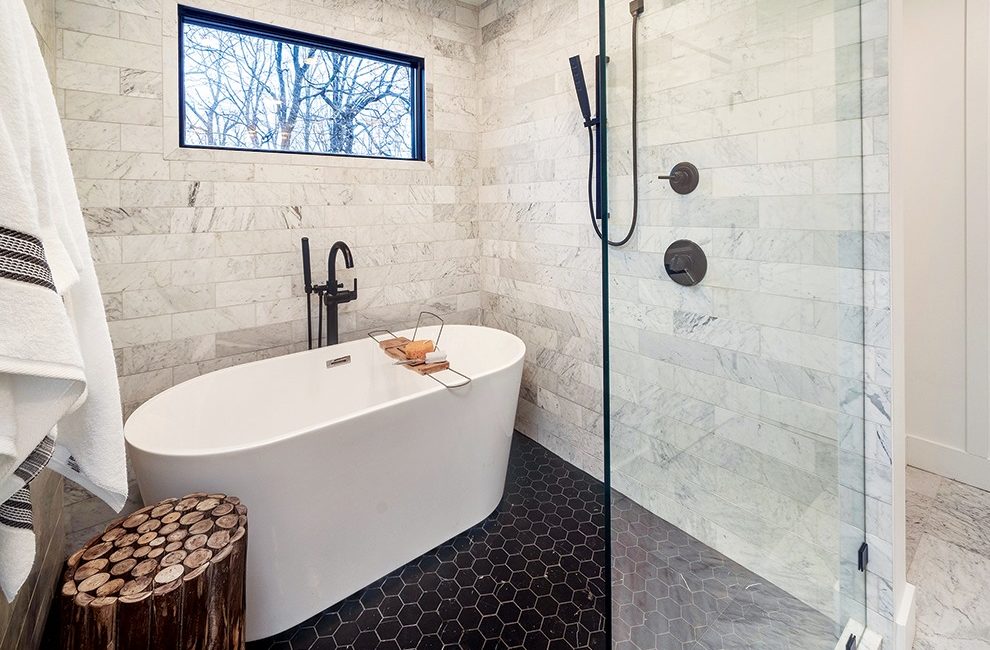 A huge tub and shower in the master bathroom.