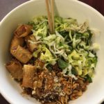 Vermicelli bowl with Shredded lettuce, basil, carrot, bean sprouts, fried onions and peanuts with a side of fish sauce.