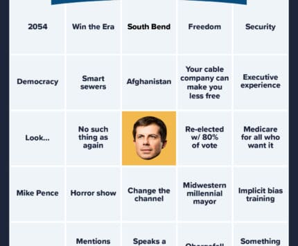 A Bingo board made up of Pete Buttigieg catchphrases.