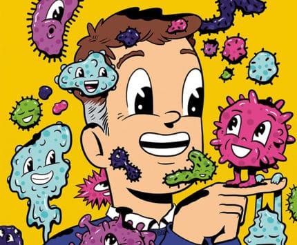 Illustration of a man playing with giant cartoon germs.