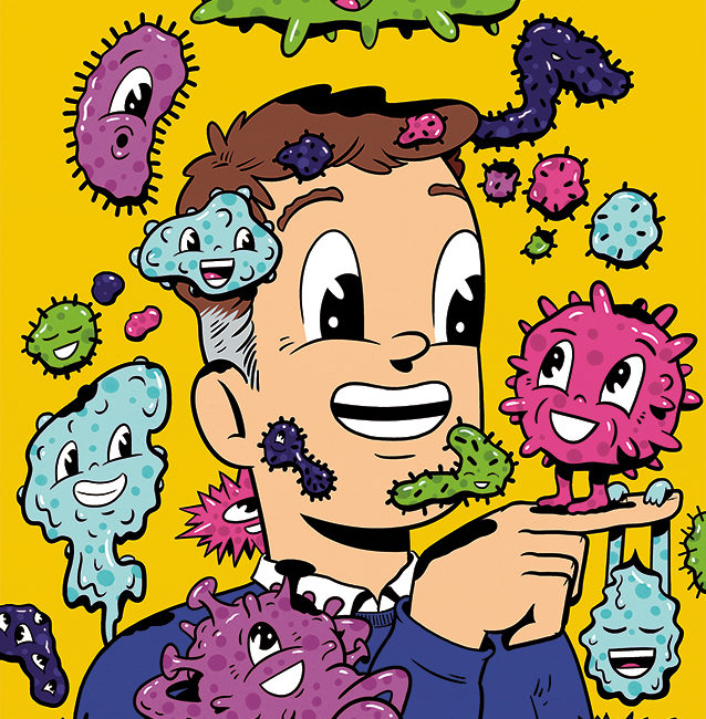 Illustration of a man playing with giant cartoon germs.