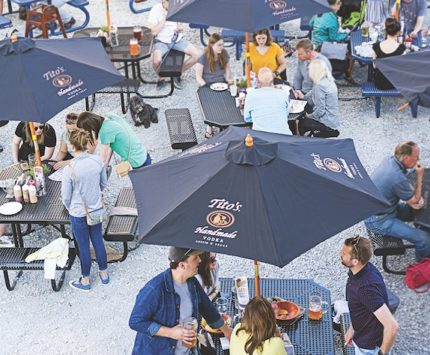 An outdoor patio with picnic tables and swarms of people and dogs.