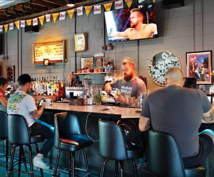 A cinderblock-lined bar.