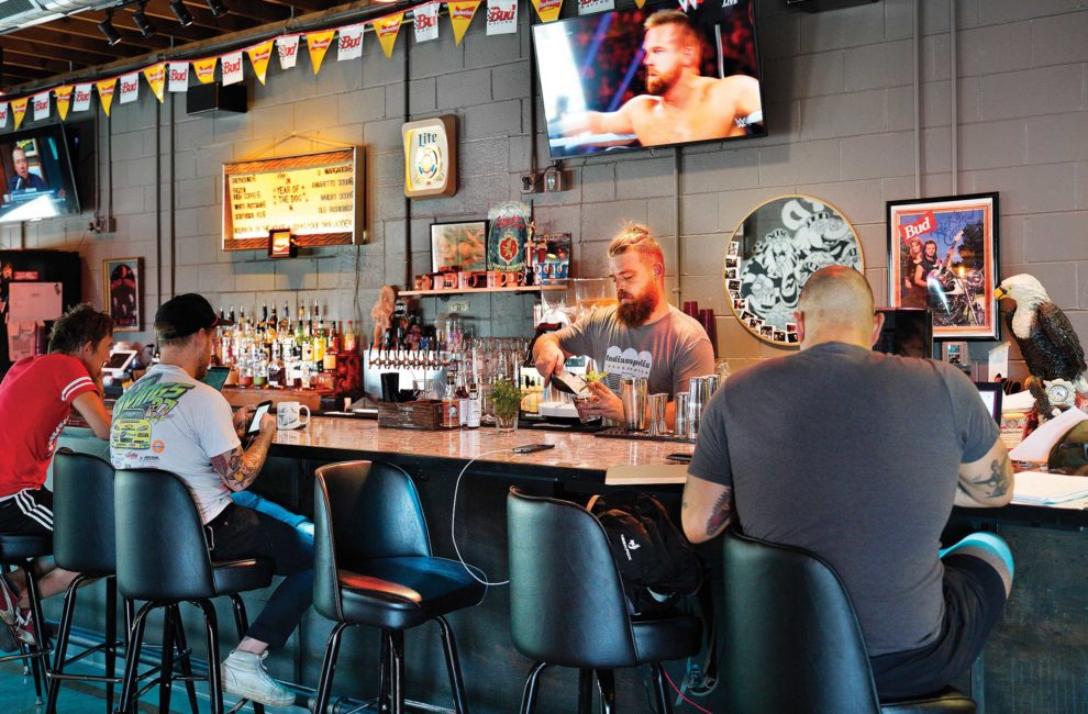 A cinderblock-lined bar.