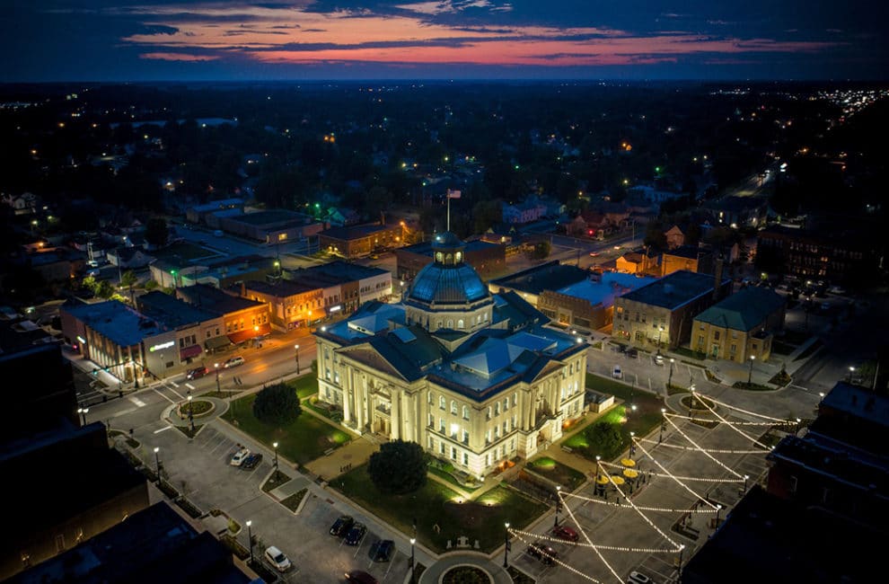 The Boone County Courthouse in Lebanon, Indiana pictured at night