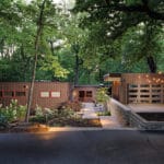 Exterior of midcentury modern home at dusk