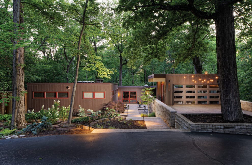 Exterior of midcentury modern home at dusk