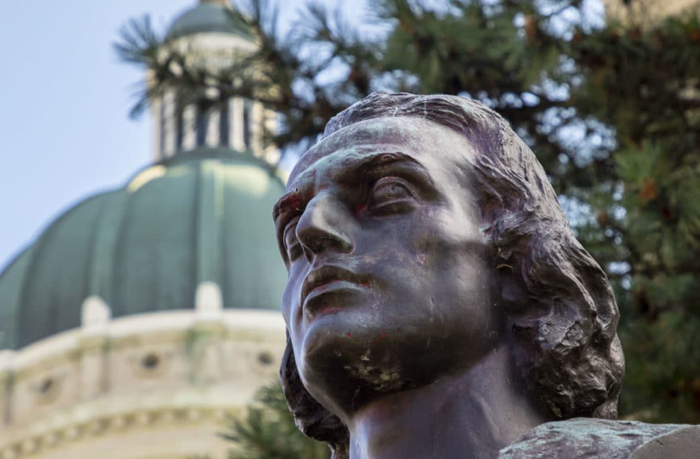 Closeup of Christopher Columbus's face on the Indianapolis memorial to him.