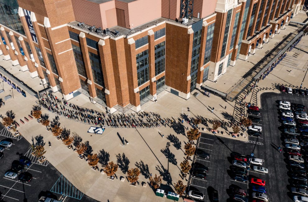 Marion County voters lined up to cast their ballots at Lucas Oil Stadium on Saturday in Indianapolis.